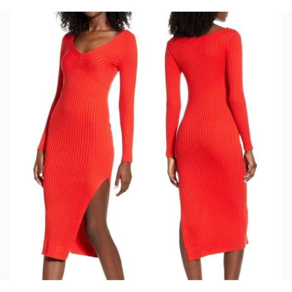 v neck midi sweater dress